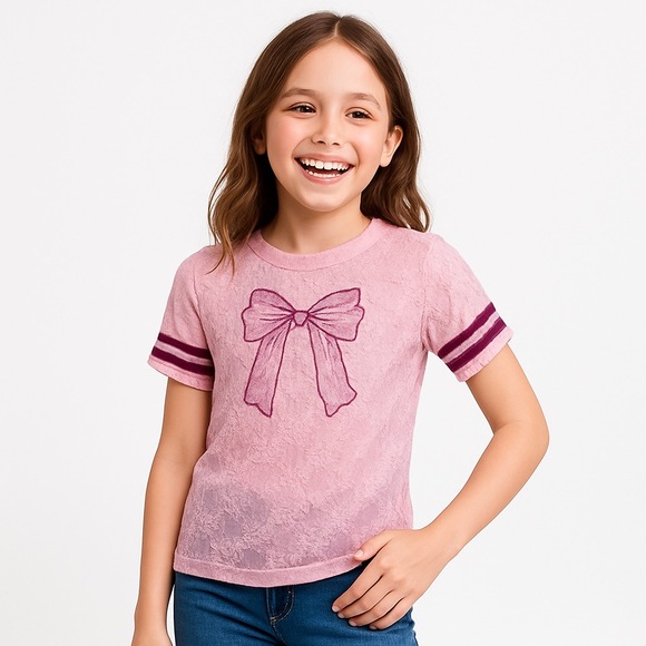 EUC M. Fasis Pink Lace Bow Tee – Youth Medium - 0520 - Picture 1 of 5